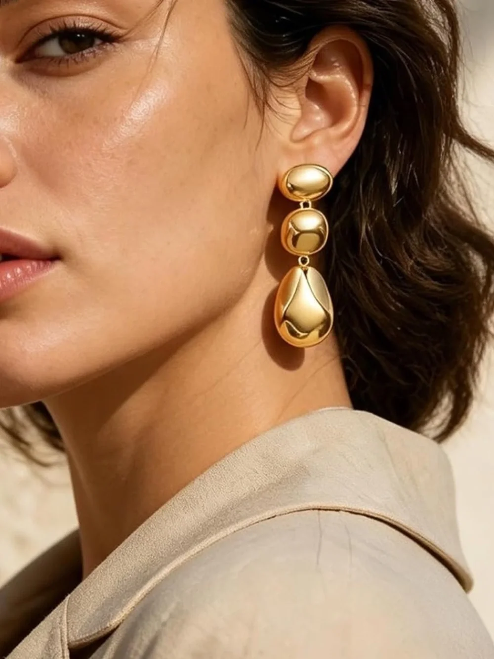 Anthropologie Shiny Gold Triple-Drop Pebble Earrings